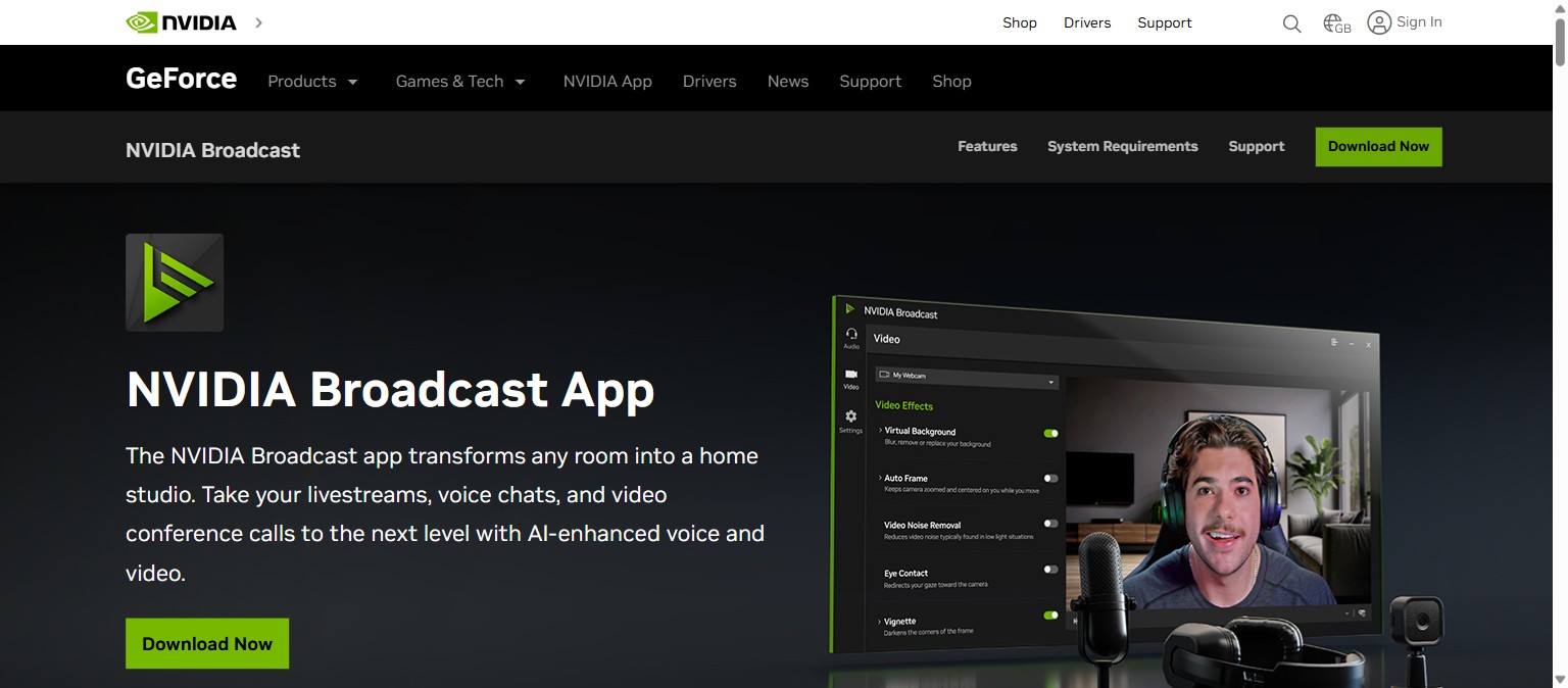 Nvidia Broadcast homepage screenshot