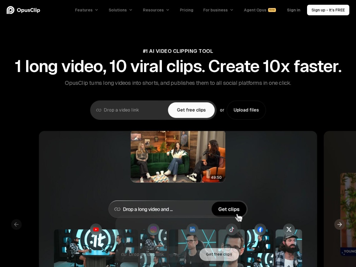 Opus Clip homepage screenshot